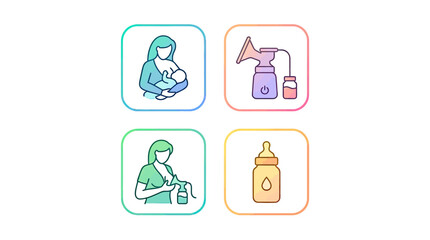 Fototapeta premium Mother baby care icons breastfeeding bottle and milk pump illustrations