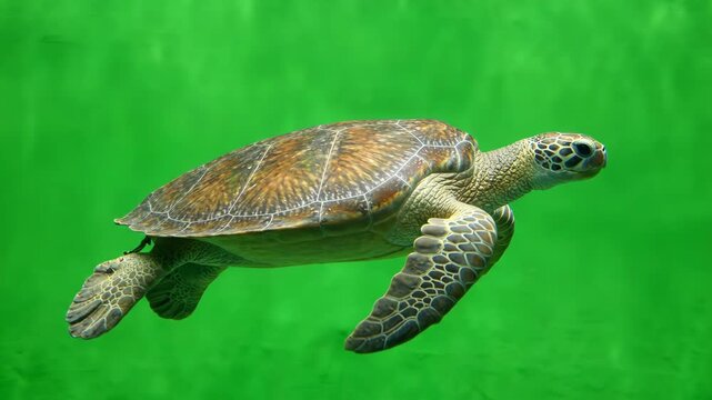 Realistic green sea turtle swimming slowly with rhythmic flipper movements against a solid green screen for easy compositing and visual effects