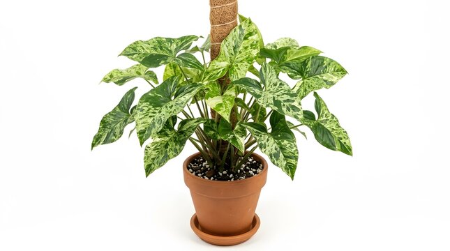 Variegated syngonium mojito houseplant climbing a coir moss pole in a terracotta pot studio