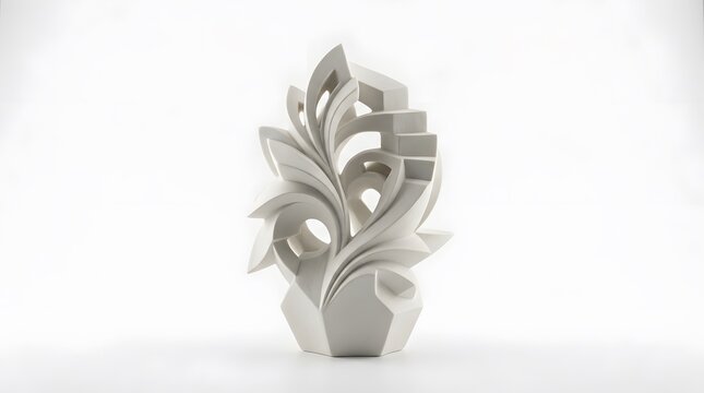 White abstract sculpture featuring flowing organic curves and geometric base
