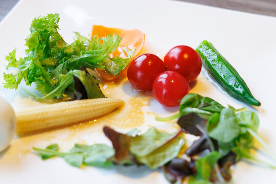 色鮮やかな新鮮野菜とプチトマトのサラダプレート