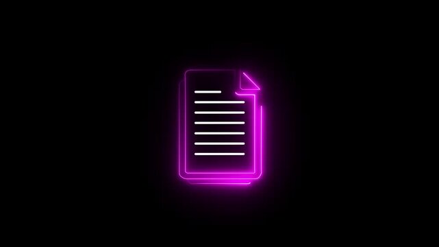 glowing neon pink Stack of white documents with red corner pages filled with written lines and thick outline glowing paperwork black background. 4k video
