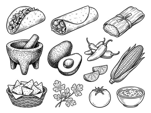 Mexican food ingredients and traditional dishes, hand drawn black ink doodle sketch vector set