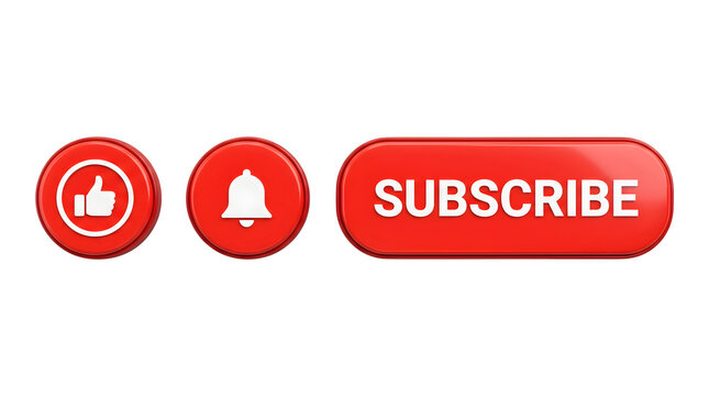 Red youtube subscribe button with like and notification bell icons isolated on transparent background