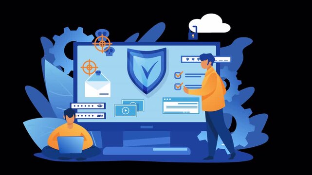 Illustration of professionals collaborating on cybersecurity and digital protection using computer screens with security icons