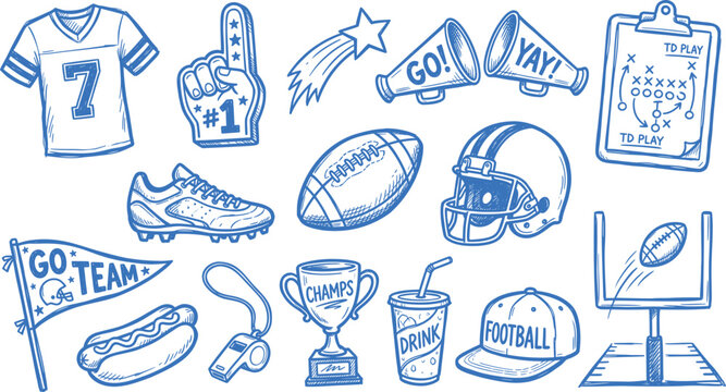 Hand-drawn American football icons set, blue sketch sports doodles on white background, 14 vector illustrations for game day graphics