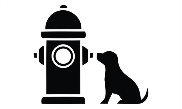 Black silhouette illustration of a small dog beside a fire hydrant