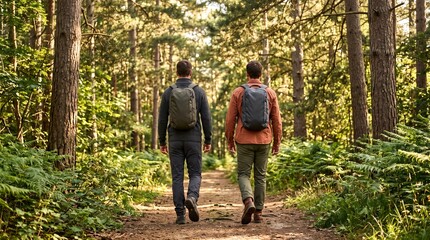 Fototapeta premium Two male friends hiking with backpacks on a sunny forest trail.