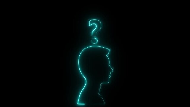 Glowing neon line Human head with question mark icon animation on black background. Help icon, support concept, 4k video