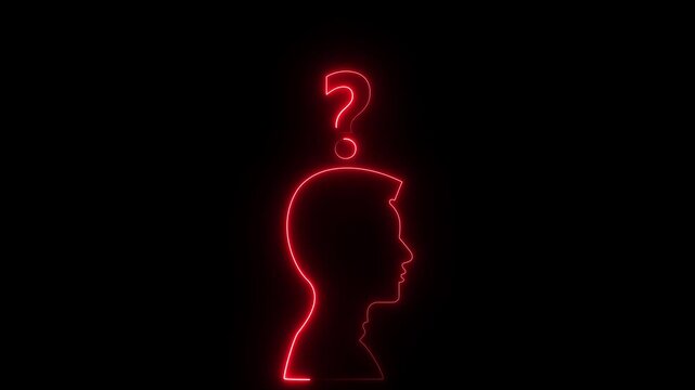 Glowing neon line Human head with question mark icon animation on black background. Help icon, support concept, 4k video