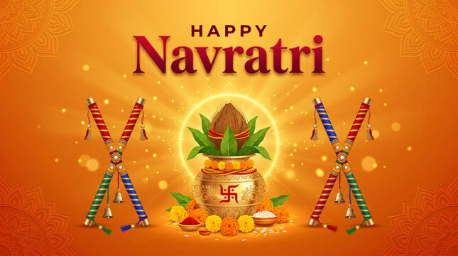 Happy Navratri Festival Greeting Banner with Kalash, Coconut, Dandiya Sticks and Sacred Celebration Background