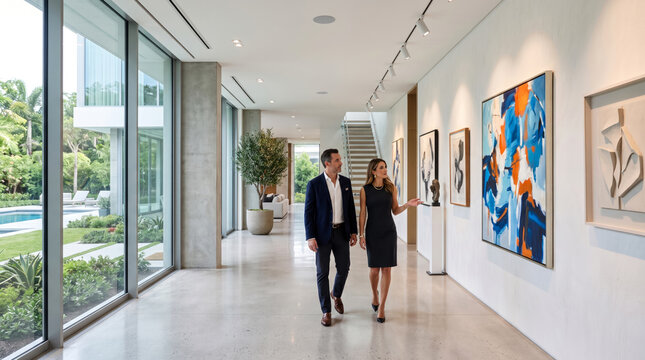 Real estate agent walking with a client through a luxury hallway with art gallery
