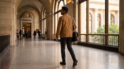 Fototapeta premium Man in brown jacket walking through grand museum hallway corridor
