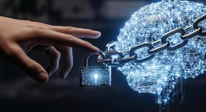 Conceptual Illustration of Digital Brain Security with Lock and Chain Representing AI Data Protection and Cognitive Control