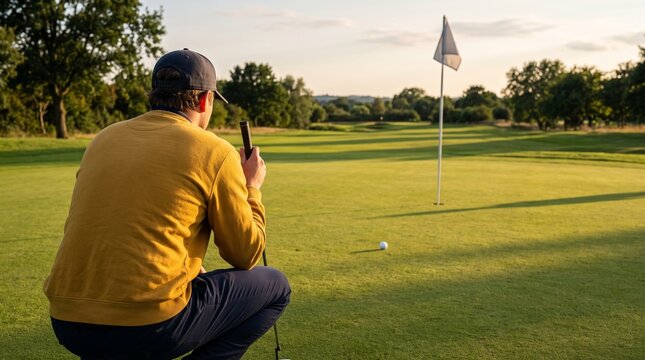 Man crouching on sunny putting green aiming his golf shot towards the flag.