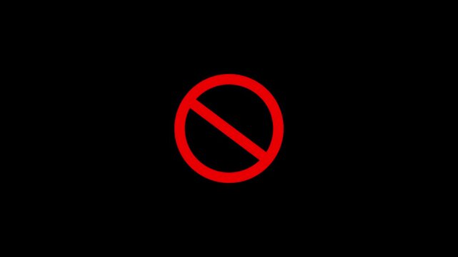 Warning, stop or no entry forbidden red circle on black background. Animation of delete, denied icon. animation 4k video