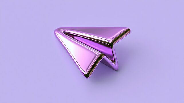 A sleek, futuristic metallic arrowhead icon with iridescent gradient highlights resting on a soft lavender gradient background, showcasing advanced digital design aesthetics