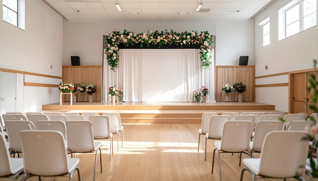 Elegant indoor event hall decorated with flowers for a ceremony