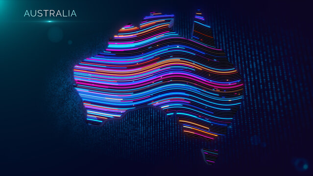 Futuristic Australia map featuring luminous flowing contour lines, digital particle grid, cinematic depth of field, vibrant lighting, and clean country title for technology themed visuals.