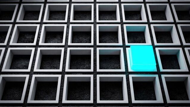 Unique Glowing Blue Square Stands Out in Grid of Identical Cubes.