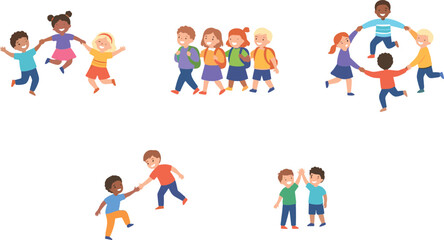 Fototapeta premium Happy Children Friendship Teamwork and School Activities Cartoon Kids Character Collection Vector Illustration
