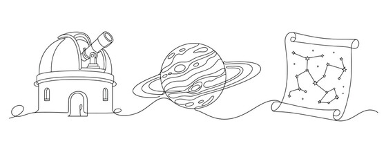 Continuous one line drawing of an observatory, a planet with rings, and a constellation map on a scroll astronomy and space exploration concept vector illustration © Hikari Vector Studio
