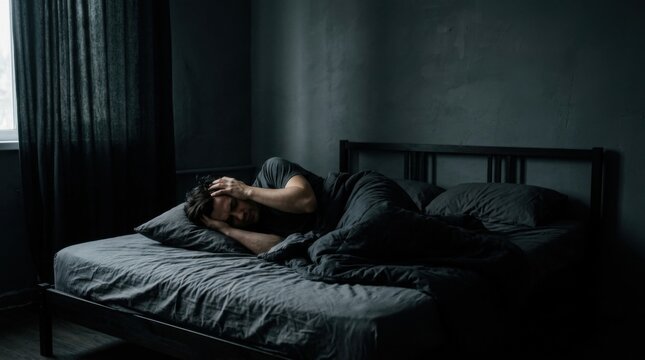 Distressed Man Suffering From Insomnia In A Dark Bedroom Environment