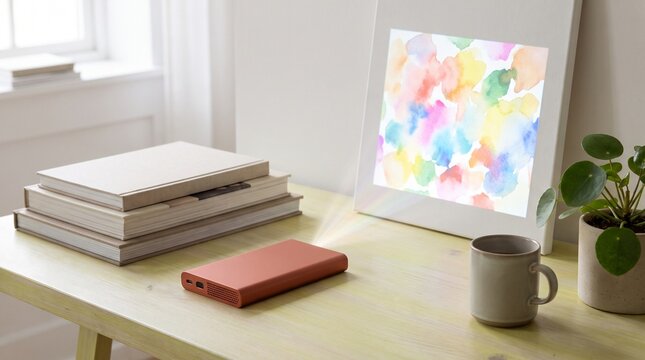 Portable mini projector projecting colorful art onto canvas on a modern wooden desk.