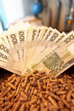 Fan of hundred zloty bills on wood pellet fuel