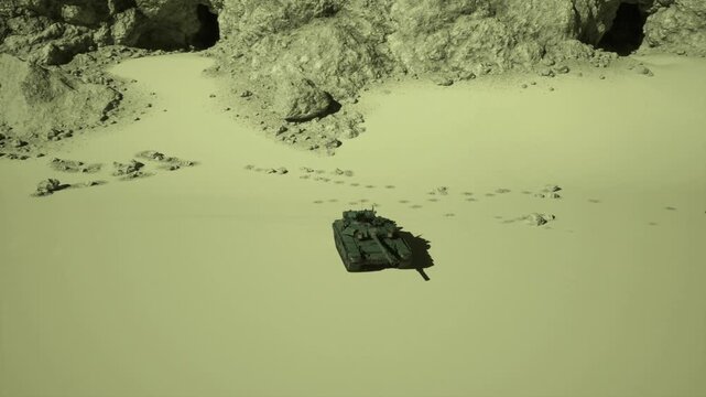 Solitary supply cache in empty dune, battered crate shelter, windswept sand ripples, distant rocky outcrops, long shadow, muted monochrome palette, eerie
