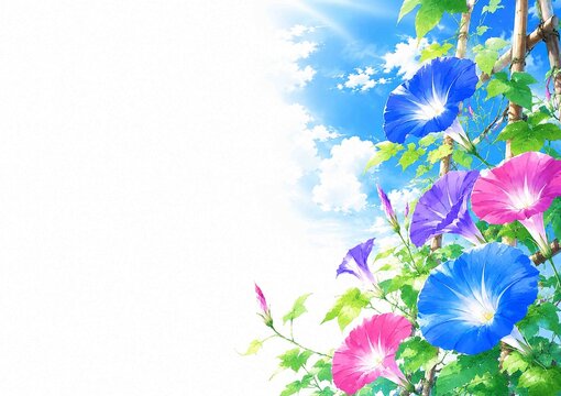 朝顔の夏　青空水彩イラスト　AI生成画像
