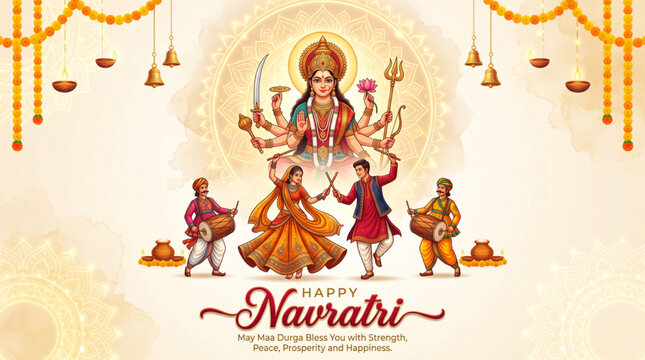 Happy Navratri Festival Banner Featuring Goddess Durga, Garba Dancers and Traditional Dhol Celebration Design
