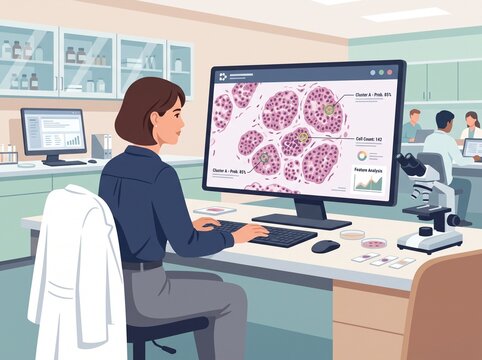 A scientist works at a desk in a lab, analyzing cell images on a screen. Other researchers handle samples and tools in the background. The space is filled with lab equipment and data charts