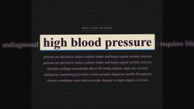 High blood pressure digital health news data text montage, hypertension cardiology stop motion article overlay