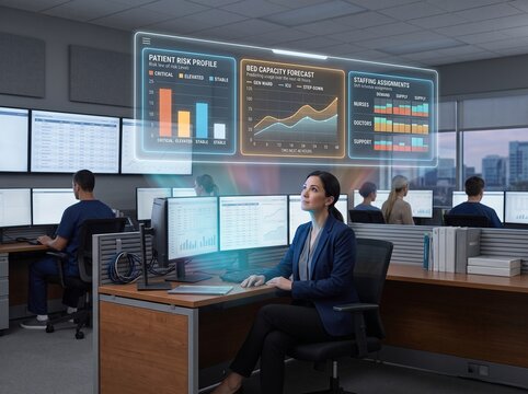 A healthcare professional works in an office surrounded by digital displays. She reviews patient information and forecasts while staff members are visible in the background