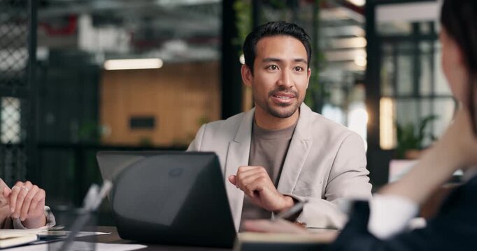 Man, meeting and laptop in business with team, creative idea and plan for public relations agency. People, discussion and computer in office with collaboration, PR consultant and brand management.