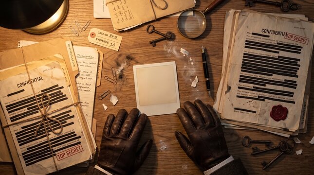 Top secret investigation files. Top-down view of a wooden desk with classified documents, redacted text, leather gloves, blank polaroid, magnifying glass and old keys.