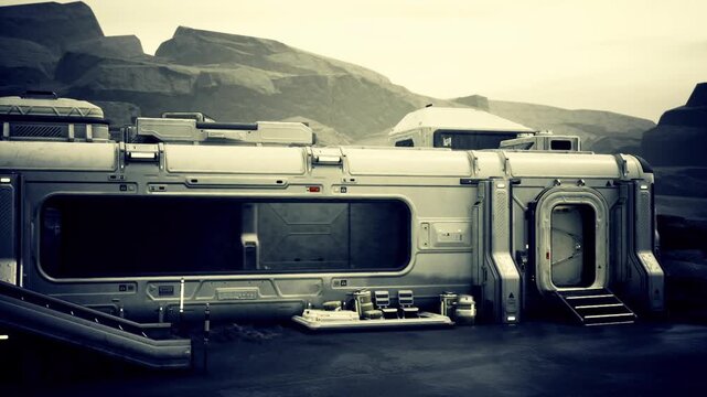 Deserted module complex under pale sky, scattered equipment and weathered panels, tones of decay and silence, emptiness framing faded mission traces