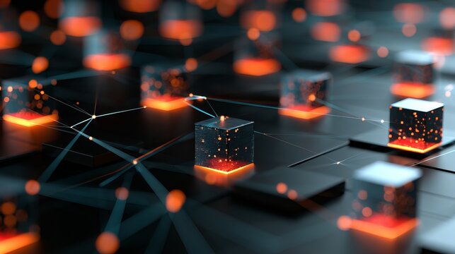 High-tech digital data cubes interconnected with glowing orange energy pathways in a futuristic cyber network visualization under ultra-modern lighting effects