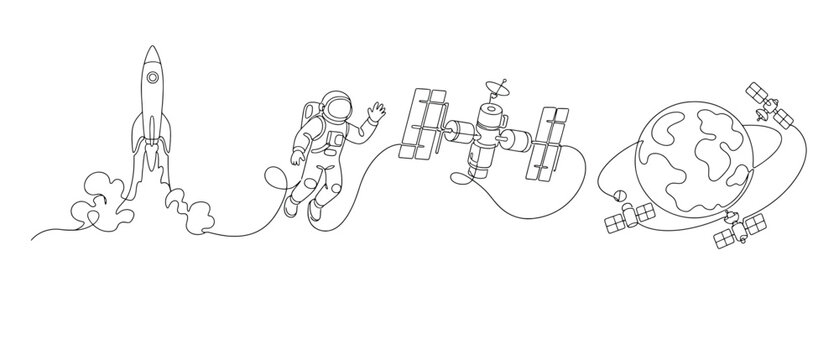 Continuous line drawing of space exploration elements including rocket launch, astronaut, space station and satellites orbiting planet earth