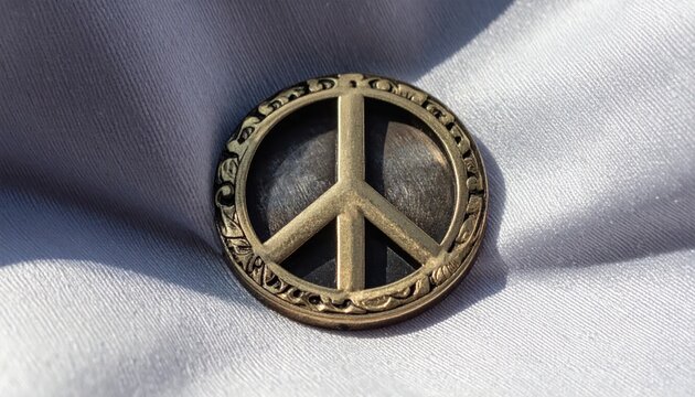 Close-up of a vintage brass peace symbol pendant on a soft, textured gray fabric, symbolizing peace, harmony, and protest.