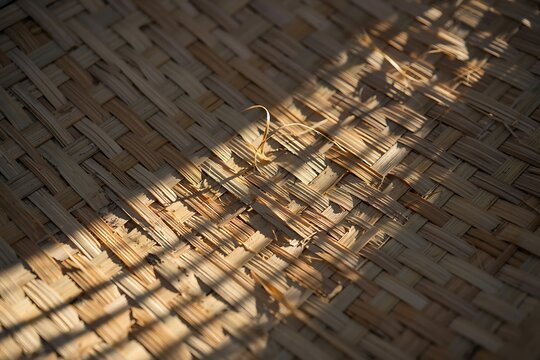 Traditional Hand-Woven Bamboo Background with Geometric Light Patterns