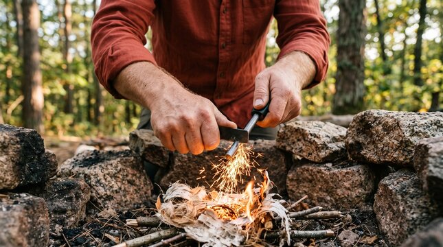 Man using ferro rod to ignite campfire sparks in forest fire pit