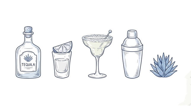 Minimalist doodle line art depicting a tequila bottle alongside various cocktail glass types, agave plant, lime, and salt rim garnish isolated on a white background for bar menu design.