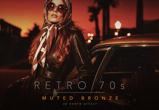 Muted Bronze Retro Vintage 70s Colour Print Photo Effect Template - Golden Analog Film Grain Soft Halftone Fashion Editorial Look