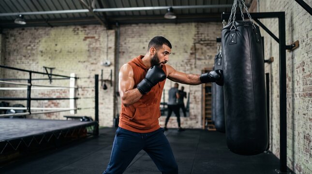 Muscular man punching heavy bag in boxing gym training