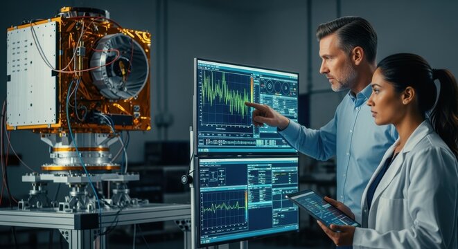 Aerospace engineers analyzing realtime data feeds from geostationary weather satellite subjected to multiaxis vibration testing.
