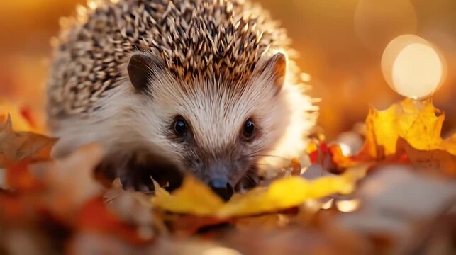 Close up of a hedgehog with autumn leaves and golden sunlight
