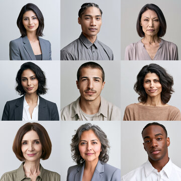 Diverse group of people headshots on clean studio background
