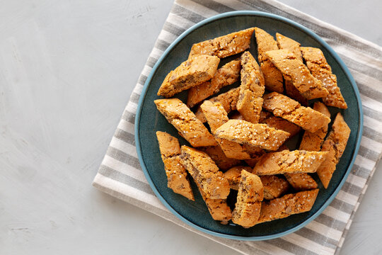 Homemade Chocolate Cantucci Pastry on a Plate, top view. Copy space.